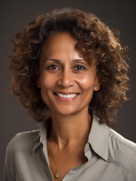 a woman with curly hair and a shirt on