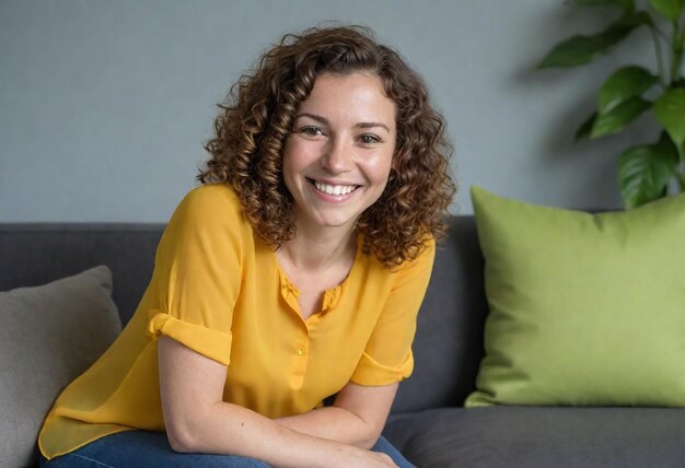 a woman with curly hair sits on a couch with green pillows