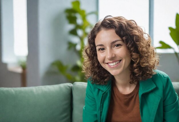 a woman with curly hair sits on a couch