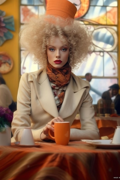 A woman with curly hair sits at a table in a cafe.