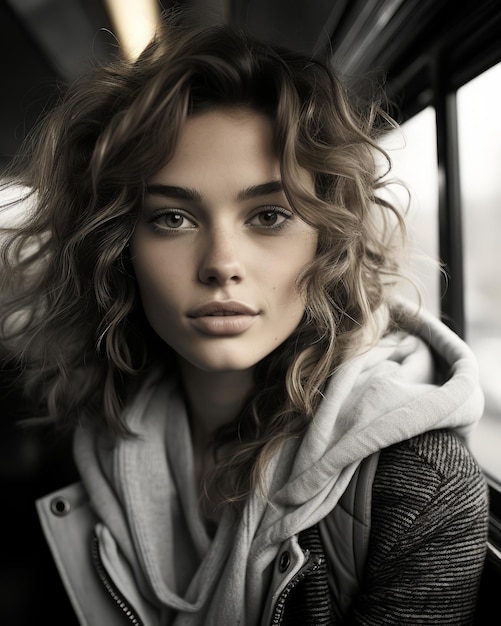 a woman with curly hair sitting on a bus