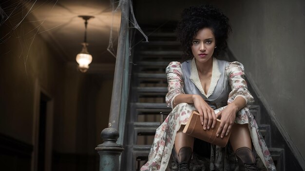 Woman with curly hair sitting on the stairs