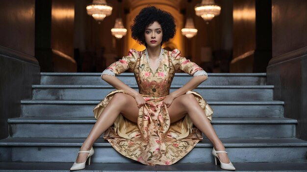 Woman with curly hair sitting on the stairs