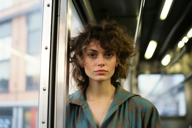 a woman with curly hair sitting on a train