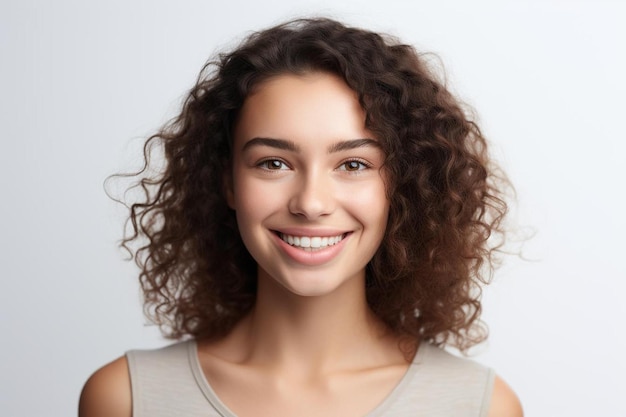 a woman with curly hair and a smile on her face