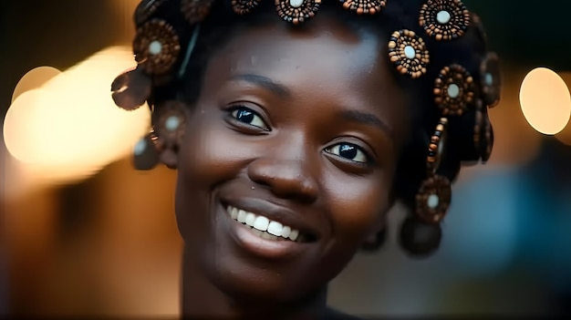 A woman with curly hair and a smile on her face