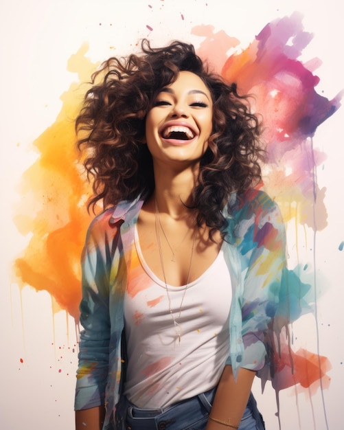 a woman with curly hair and a smile is standing in front of a colorful paint splatter