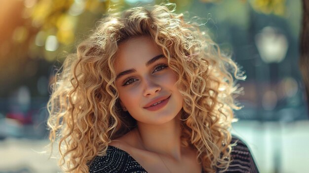 Photo a woman with curly hair and a smile