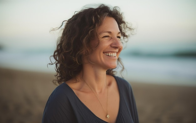 A woman with curly hair smiles at the camera.