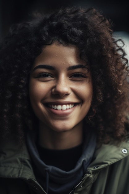 A woman with curly hair smiles for the camera.