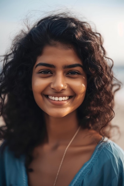 A woman with curly hair smiles for the camera.