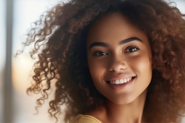 A woman with curly hair smiles at the camera.