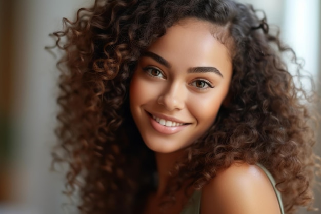 A woman with curly hair smiles at the camera.