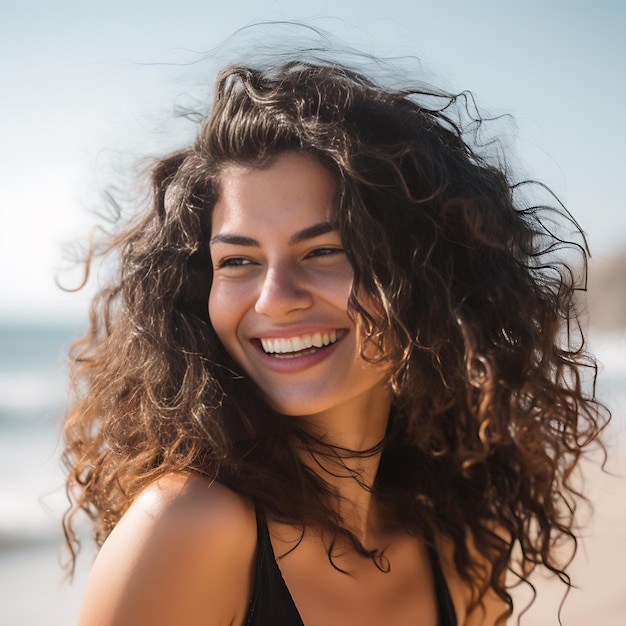 A woman with curly hair smiles at the camera.