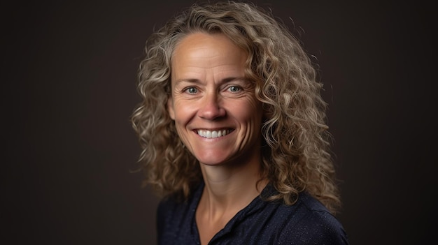 A woman with curly hair smiles for the camera.