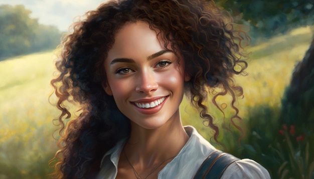 A woman with curly hair smiles in a field.