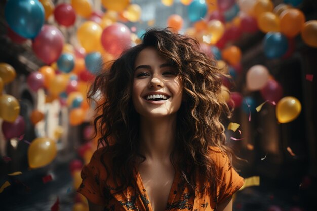 A woman with curly hair smiles in front of a bunch of balloons.