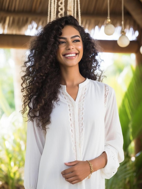 Photo a woman with curly hair smiles in front of a palm tree