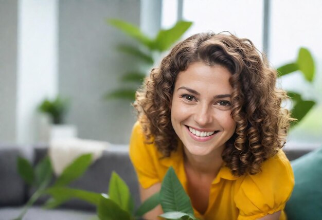 a woman with curly hair smiles in front of a plant