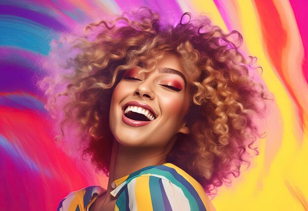 a woman with curly hair smiles and has bright colors over pink background