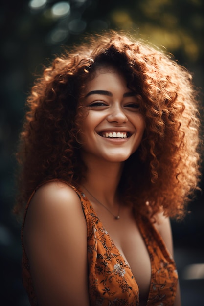 A woman with curly hair smiles in a park.