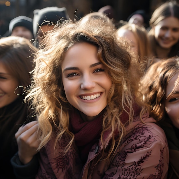 巻き毛の女性が後ろに大勢の人々と微笑んでいる