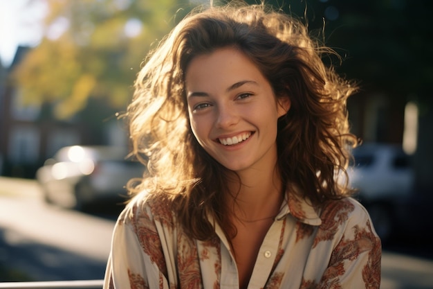 a woman with curly hair smiling at the camera