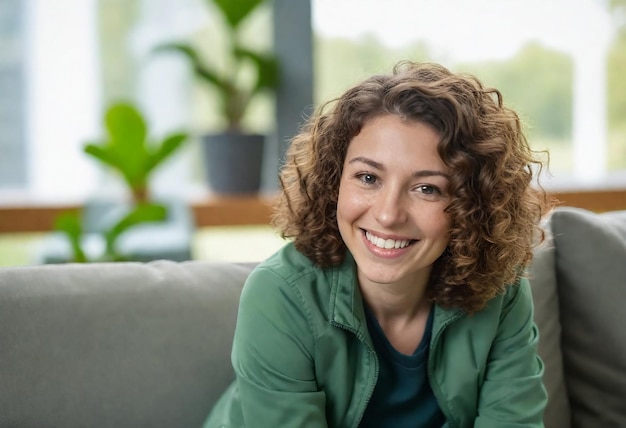 a woman with curly hair smiling on a couch