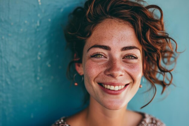 Foto una donna con i capelli ricci che sorride davanti a un muro blu