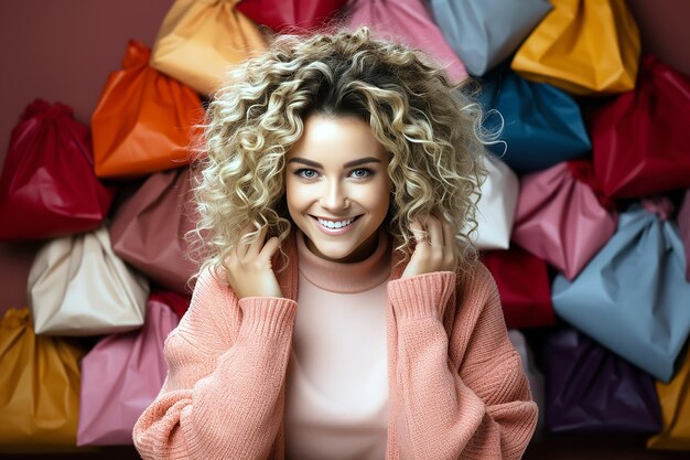 a woman with curly hair smiling in front of a pile of colorful fabric.