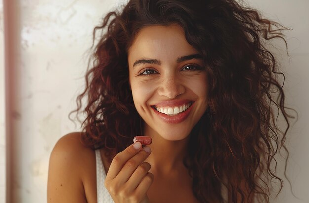 Photo a woman with curly hair smiling and holding a piece of candy