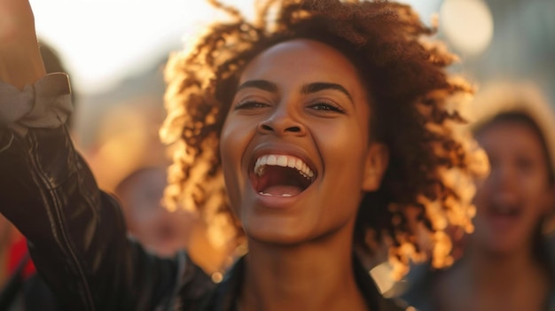 A woman with curly hair smiling and holding up a cell phone ai