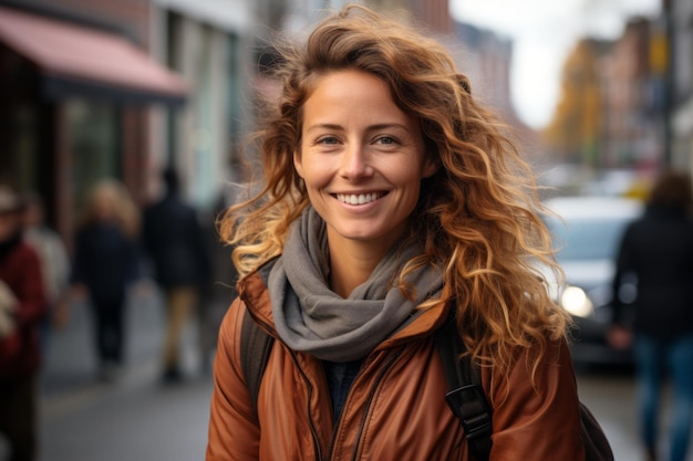 a woman with curly hair smiling in the street