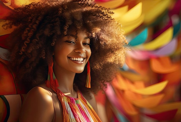 a woman with curly hair smiling wearing a colorful blouse in the style of beeple