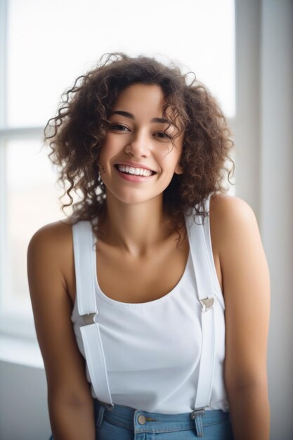 Woman with curly hair smiling and wearing white top Generative AI