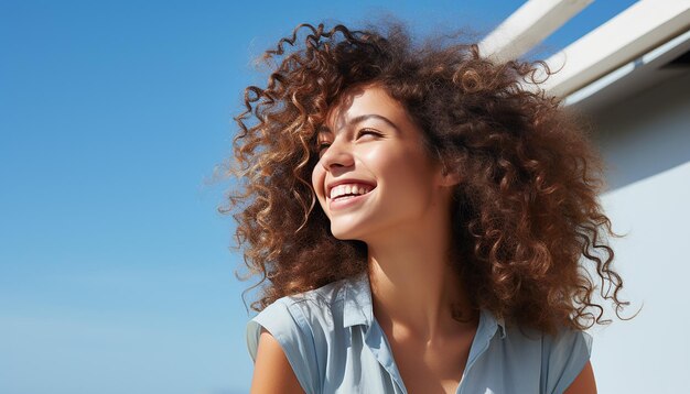 a woman with curly hair smiling with a blue sky background