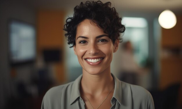 Photo a woman with curly hair smiling.