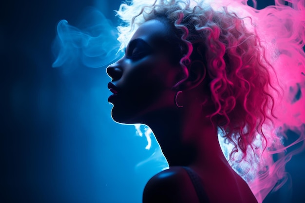 a woman with curly hair and smoke coming out of her mouth