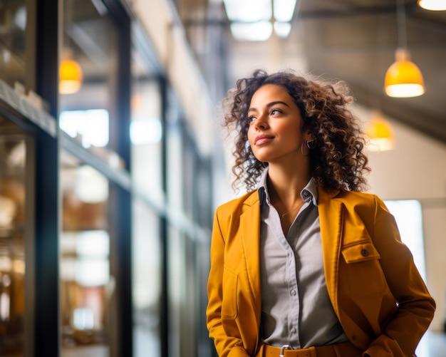 a woman with curly hair standing in an office building