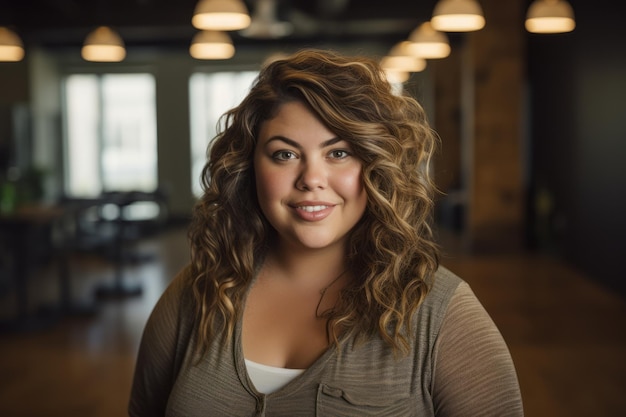 a woman with curly hair standing in an office