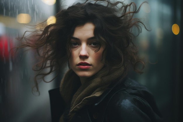 a woman with curly hair standing in the rain