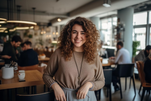 a woman with curly hair standing in a restaurant