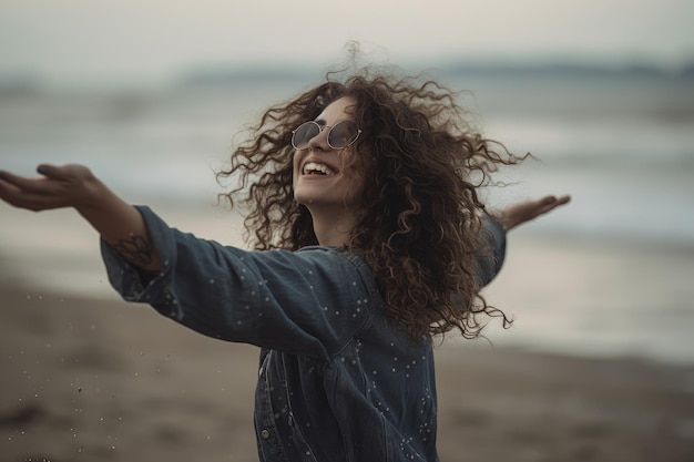 Foto una donna con i capelli ricci si trova su una spiaggia con le braccia tese.