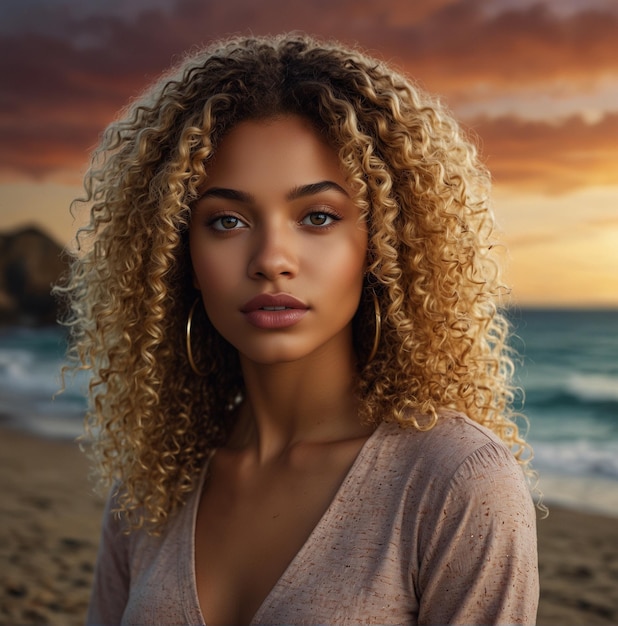a woman with curly hair stands on a beach with the sun behind her