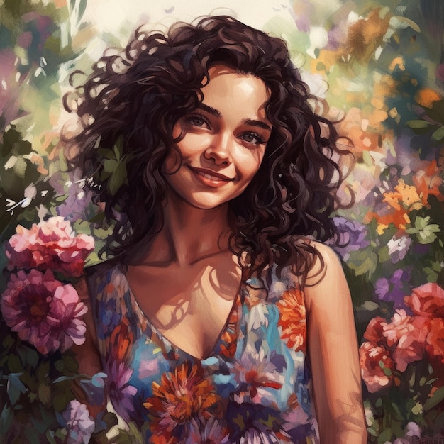 A woman with curly hair stands in a flowery dress.