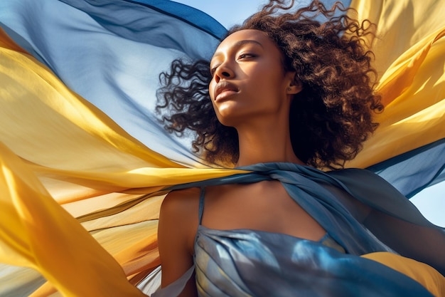 A woman with curly hair stands in front of a blue sky.