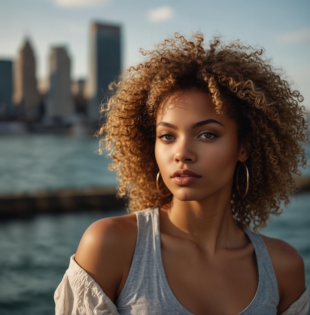 a woman with curly hair stands in front of a city skyline