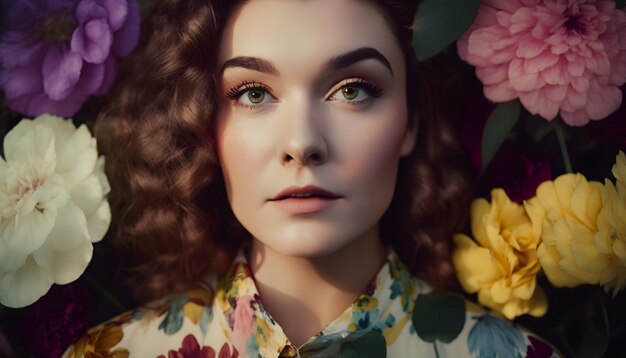 A woman with curly hair stands in front of flowers.