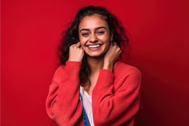 A woman with curly hair stands in front of a red background.