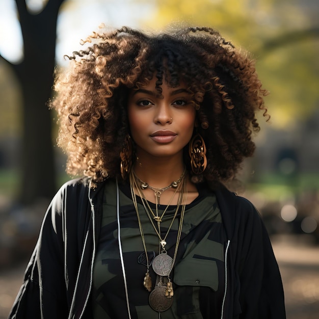 a woman with curly hair stands in front of a tree.